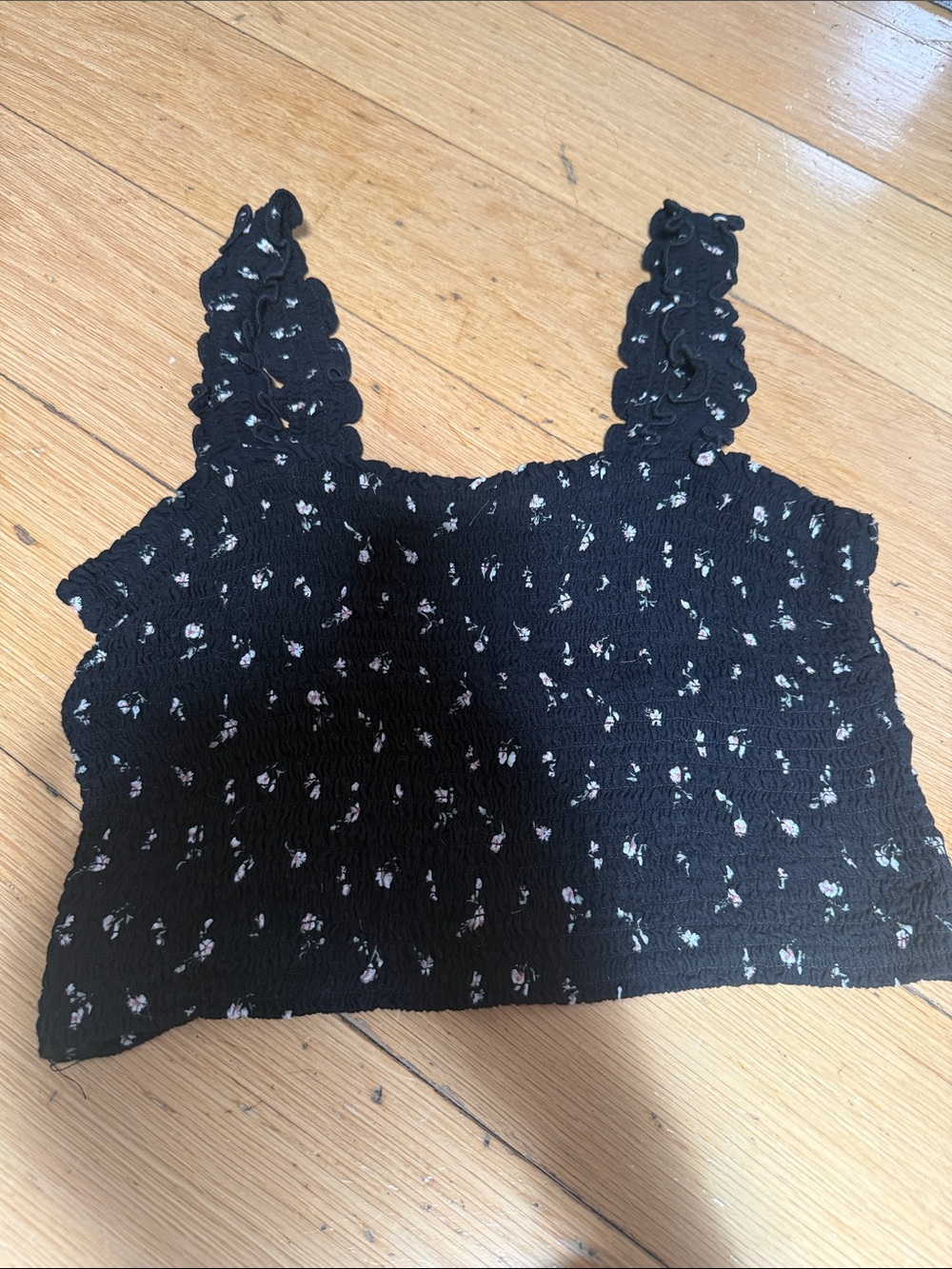 Black Floral Smocked Crop Tank Top